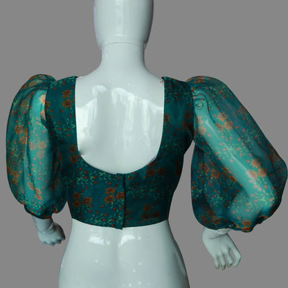 Bottle Green Organza Floral Print Puffy Sleeves Blouse | S3B1209A