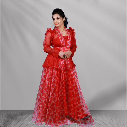 Red printed organza skirt & top with jacket |S3SST1079