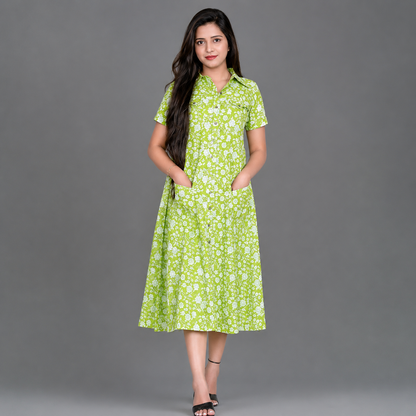 Printed Light Green Cotton Blend A-line Kurta | S3K831