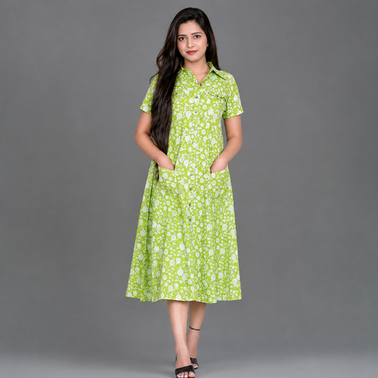 Printed Light Green Cotton Blend A-line Kurta | S3K831