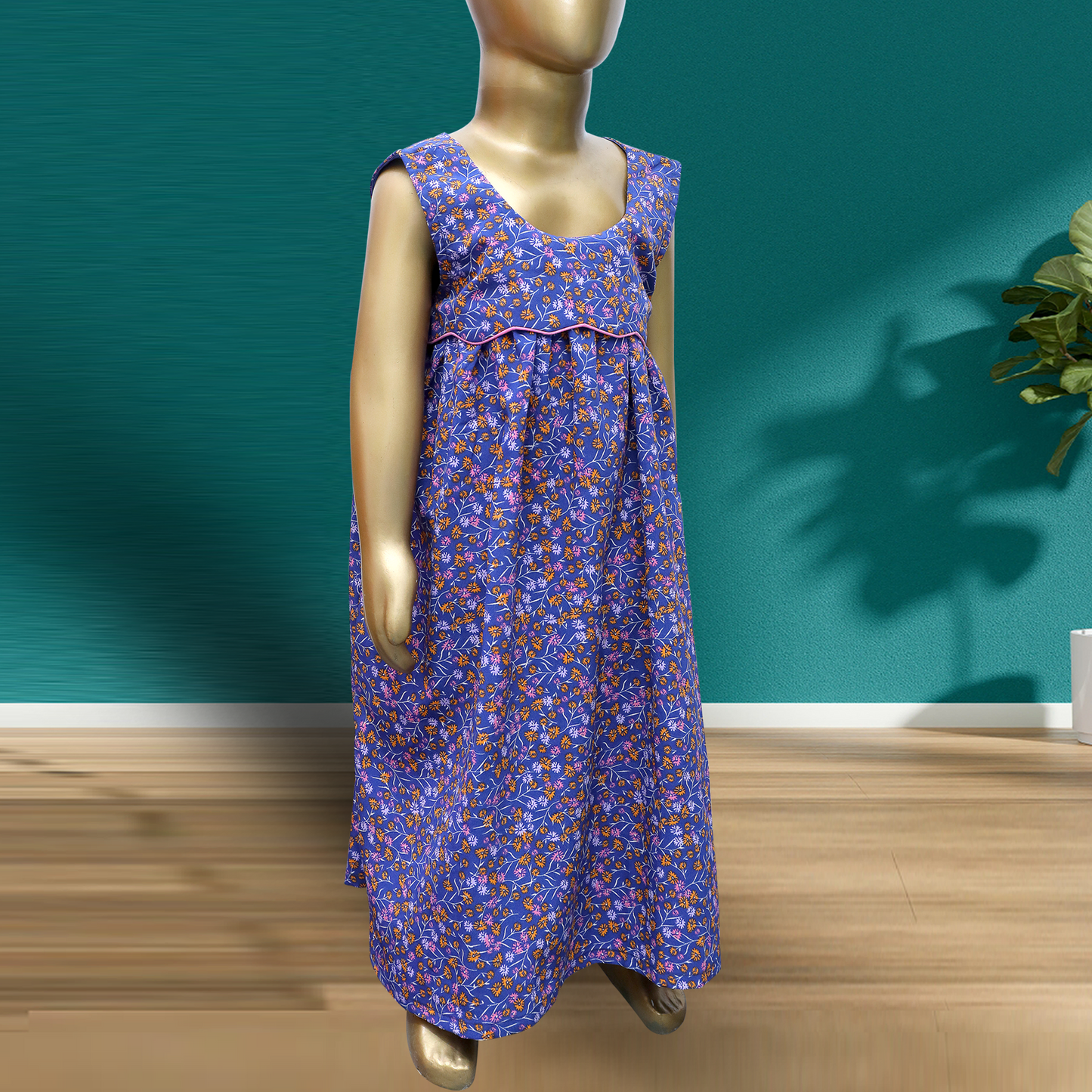 Blue floral print round neck baby girl dress