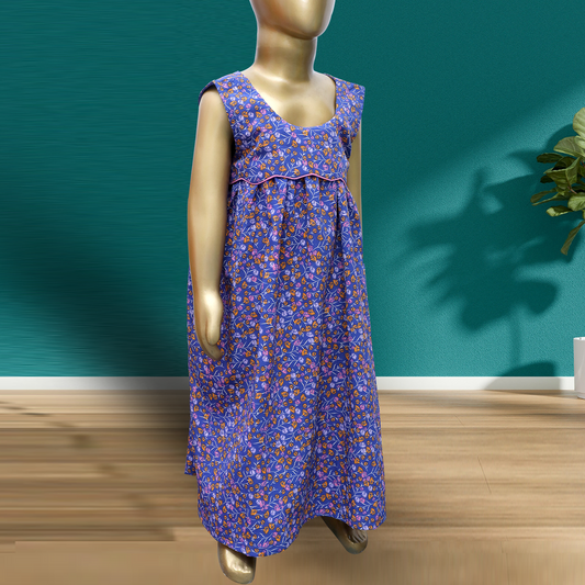Blue floral print round neck baby girl dress