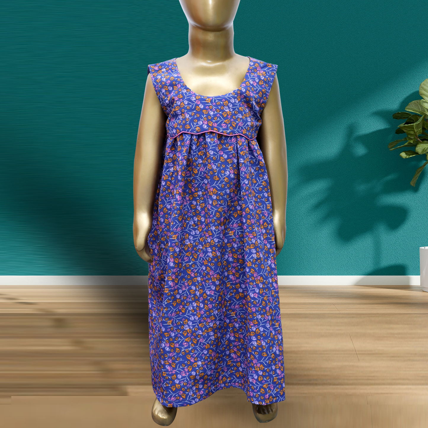 Blue floral print round neck baby girl dress