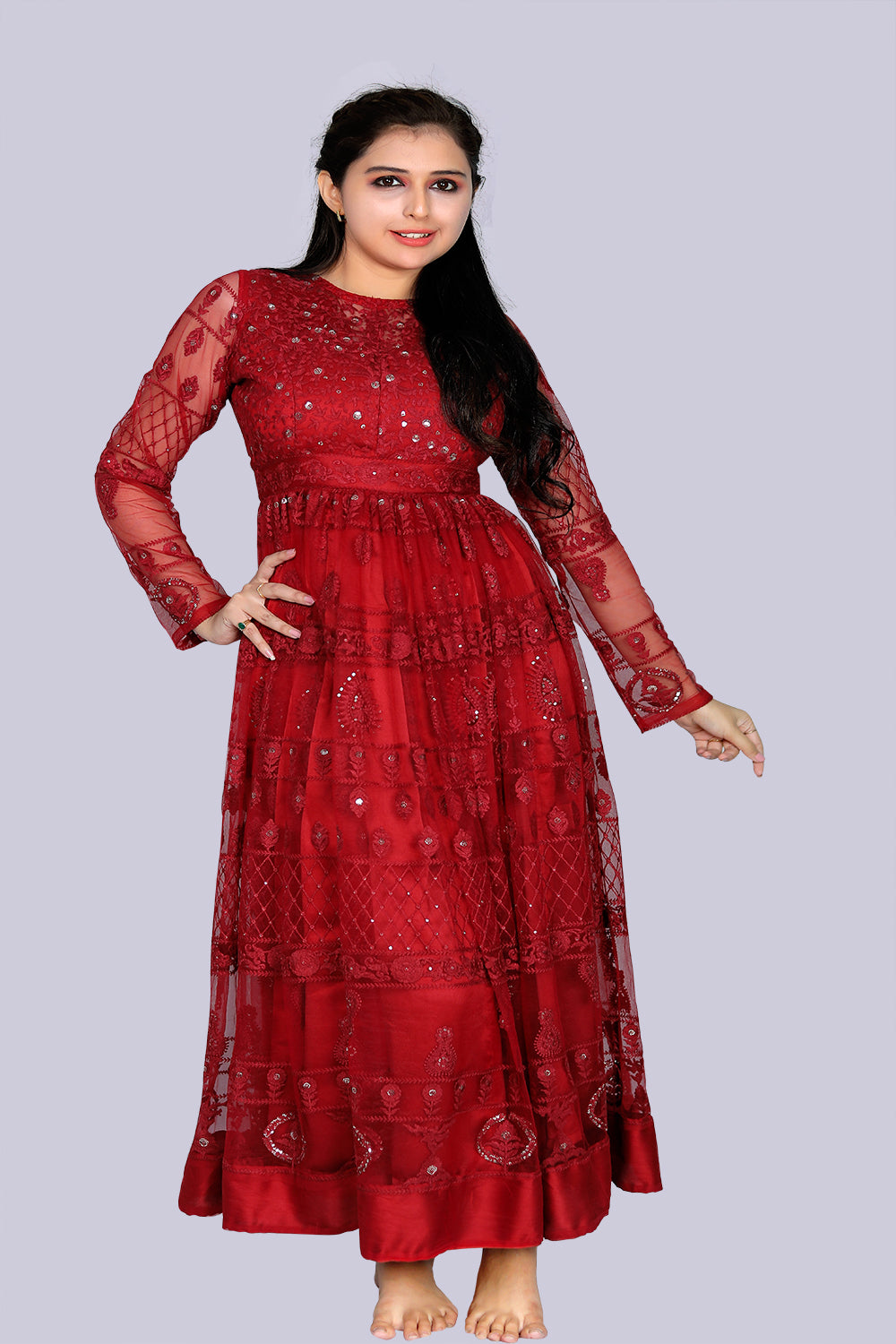 Red netted sequin gown