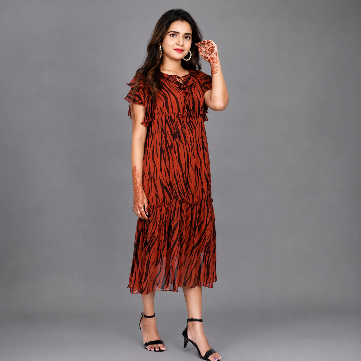 Womens Georgette Brown Printed Maxi  | S3G879
