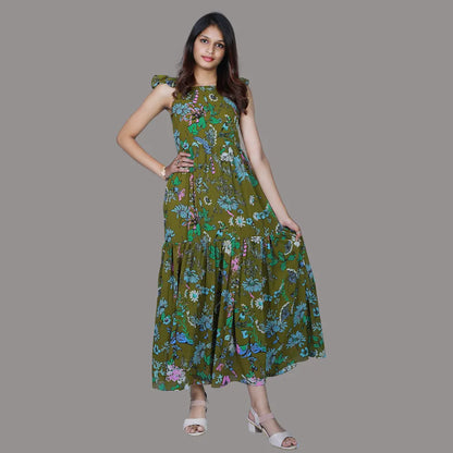 Elegant Mehandi Green Printed One Piece Dress S3 Fashions