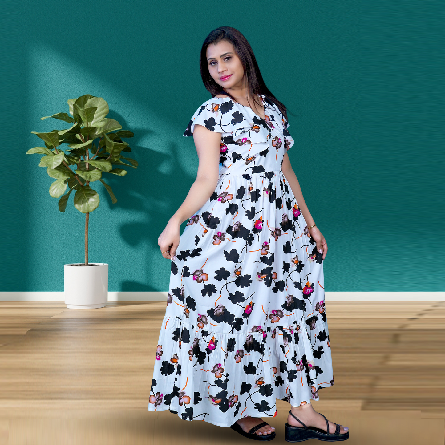 Women White & Black Floral Print Layered Flared Maxi Dress