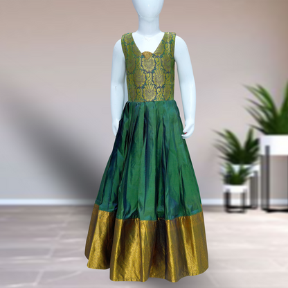 Sisters combo Traditional Silk Pattu Pavadai Set – Green & Gold with Designer Blouse