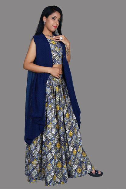 Women's Navy Blue Printed Straight Top with Skirt and Shrug | S3SBL1219
