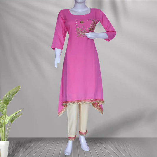 Pink Handicrafts Work A-Line Kurti Set | S3K1292