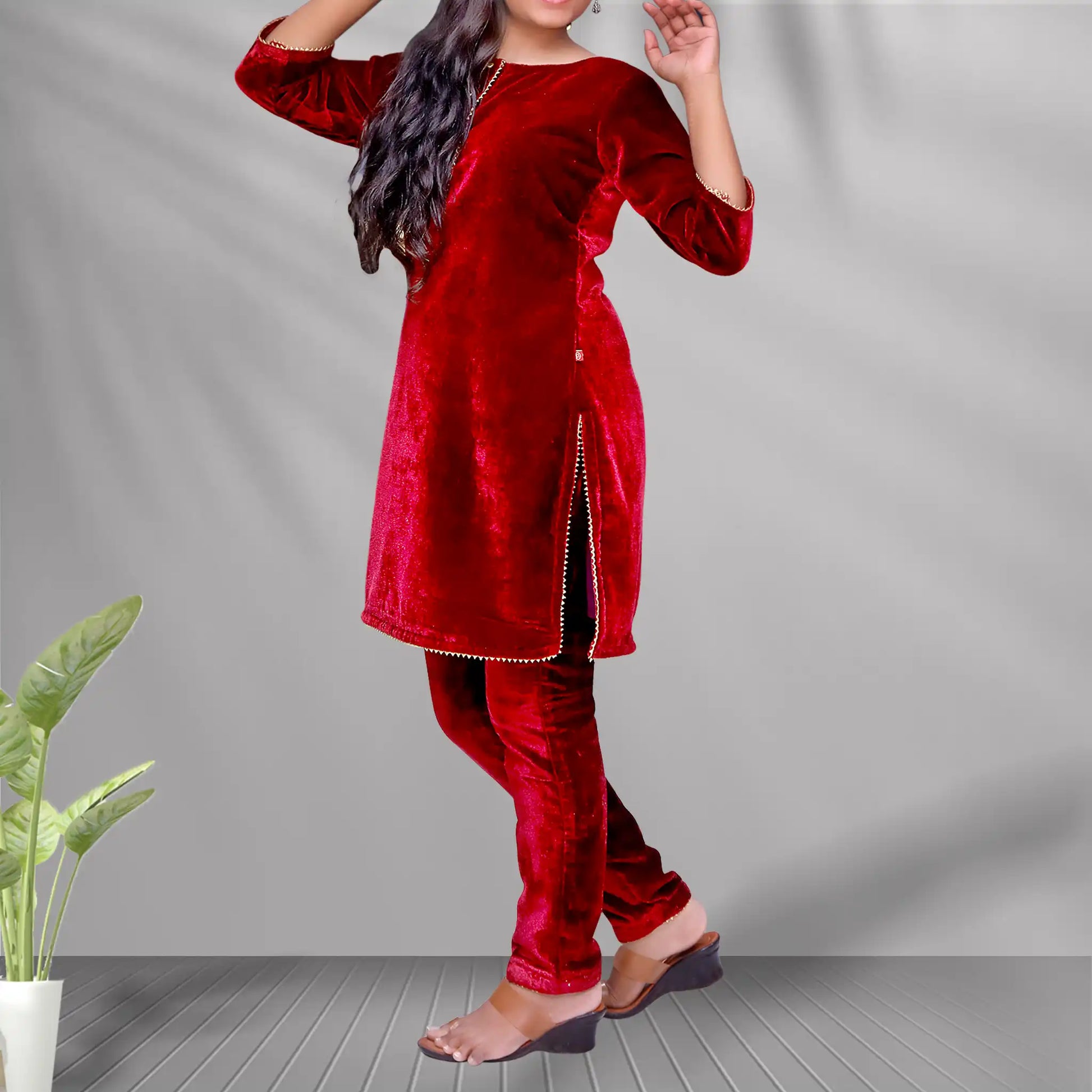 Customized Red Velvet Partywear Kurta & Cigarette Pant Set