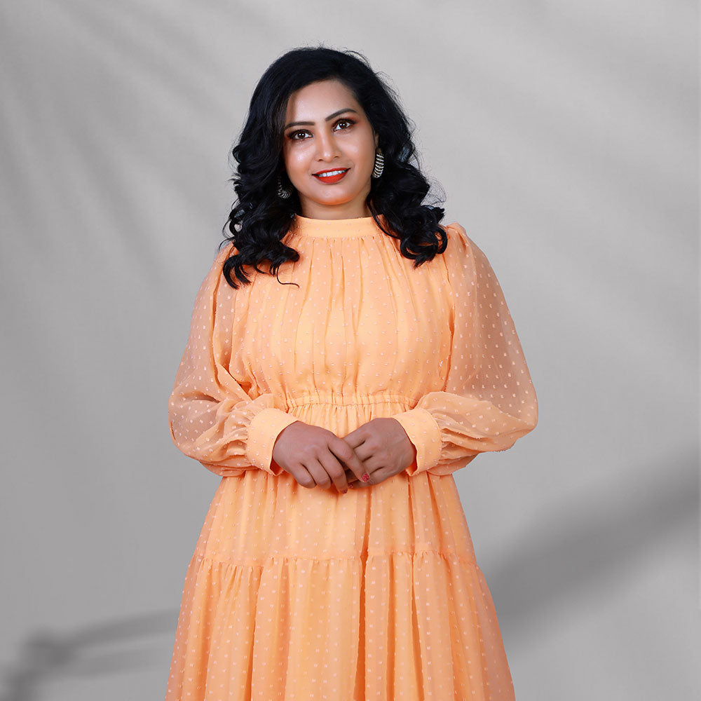 Orange Gathered Balloon Sleeves Maxi Gown | S3G1288