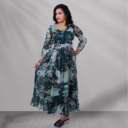 Green floral printed western gown