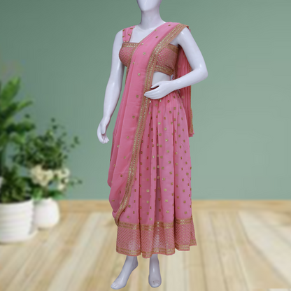 Pink Tissue Silk Sangeet Lehenga with Sequins Embroidery & Sleeveless Blouse