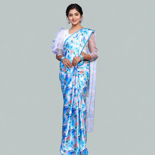 Light Blue Satin Floral Print Saree with White Ruffled hands blouse. |  S3S2