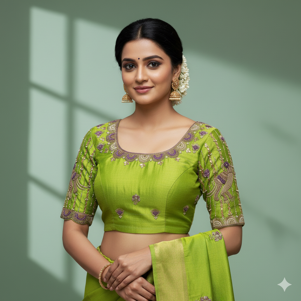 Vibrant yellow-green Maggam work blouse