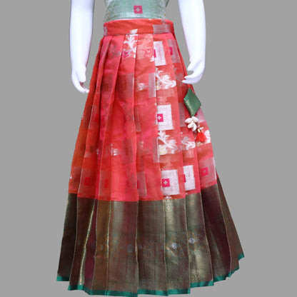 Rust Orange Pattu 3 Piece Set Dress For Girls | Pattu Pavadai