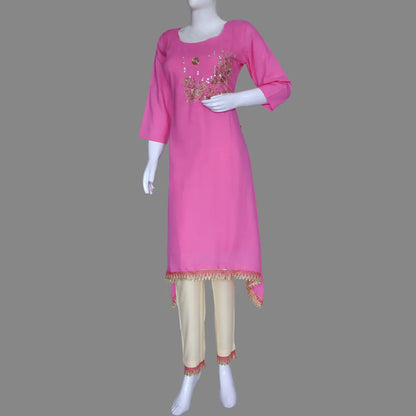 Pink Handicrafts Work A-Line Kurti Set | S3K1292