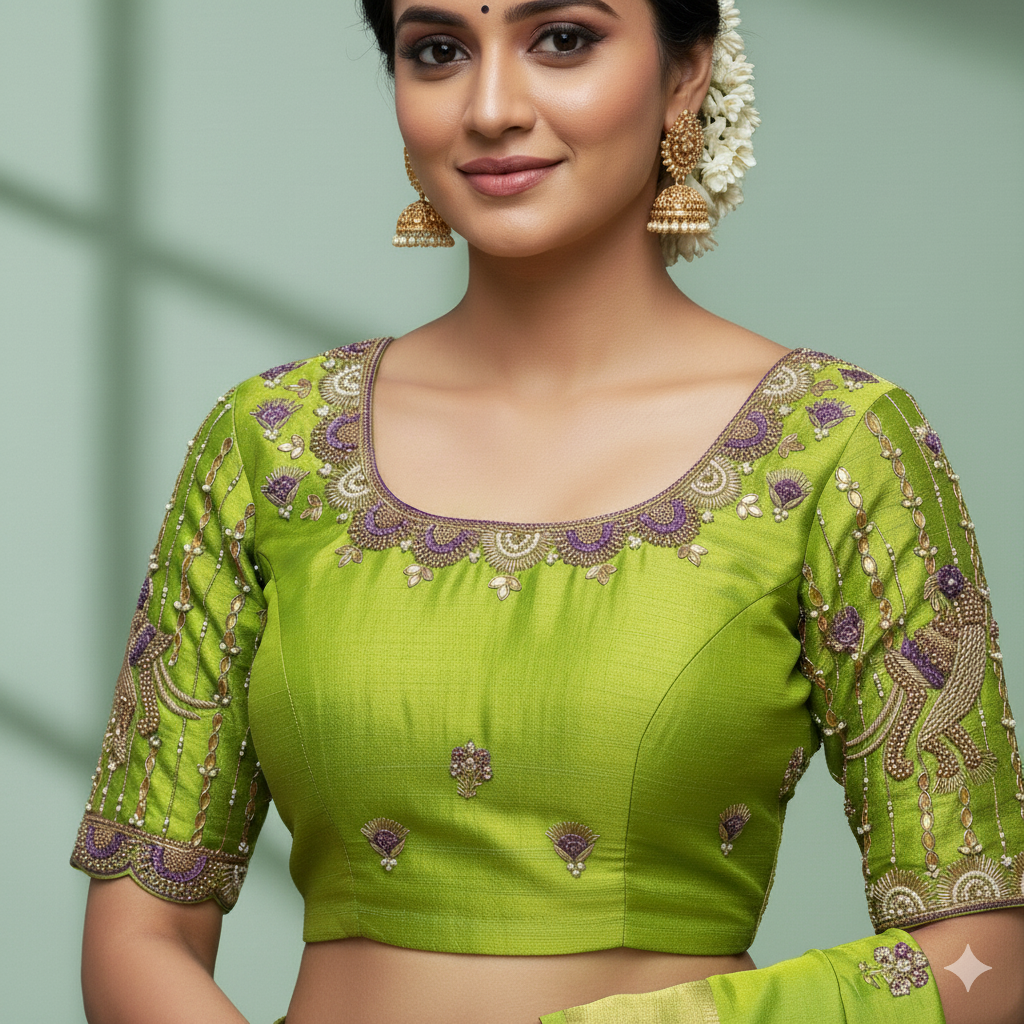 Vibrant yellow-green Maggam work blouse