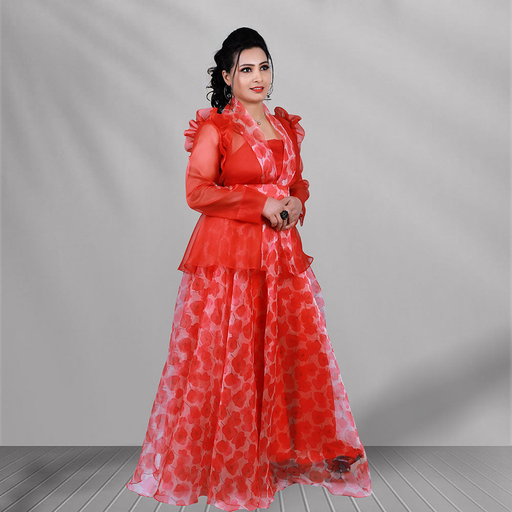 Red printed organza skirt & top with jacket |S3SST1079
