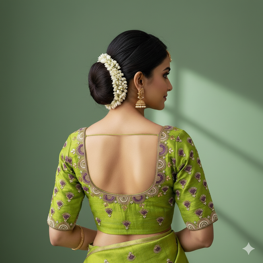 Vibrant yellow-green Maggam work blouse