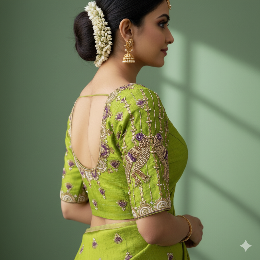 Vibrant yellow-green Maggam work blouse