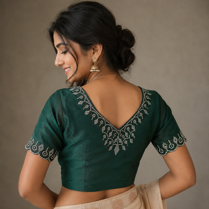 bottle green raw silk Maggam Work Blous