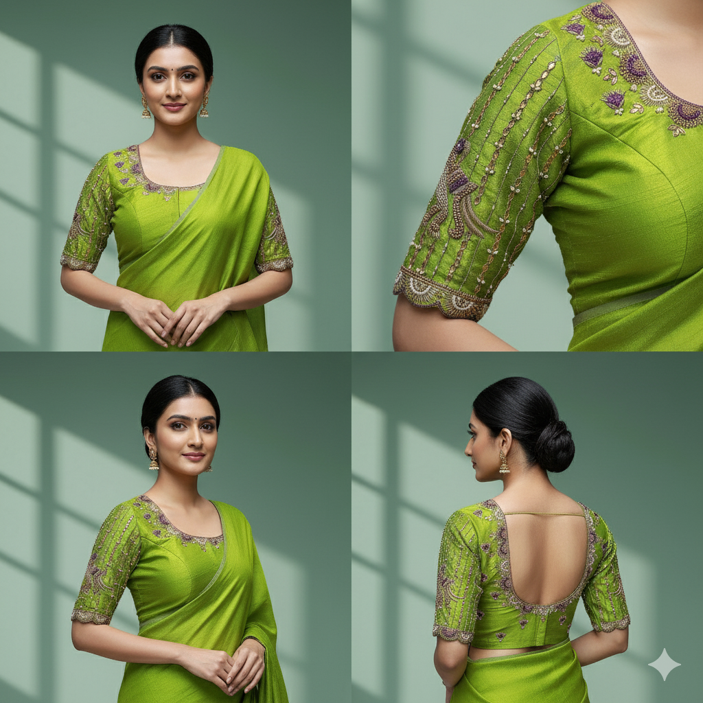 Vibrant yellow-green Maggam work blouse