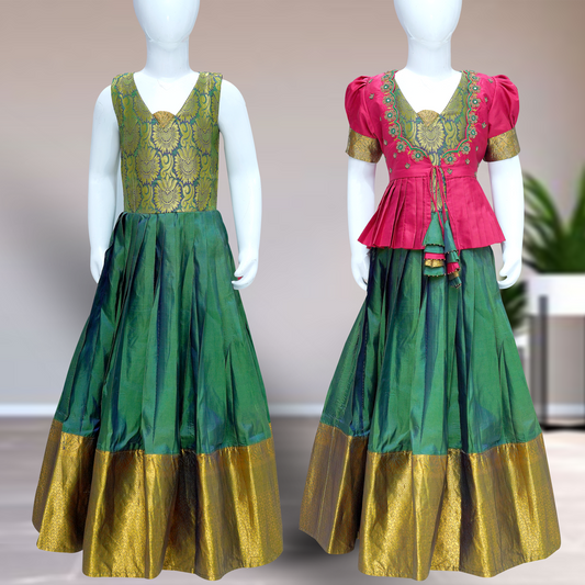 Sisters combo Traditional Silk Pattu Pavadai Set – Green & Gold with Designer Blouse