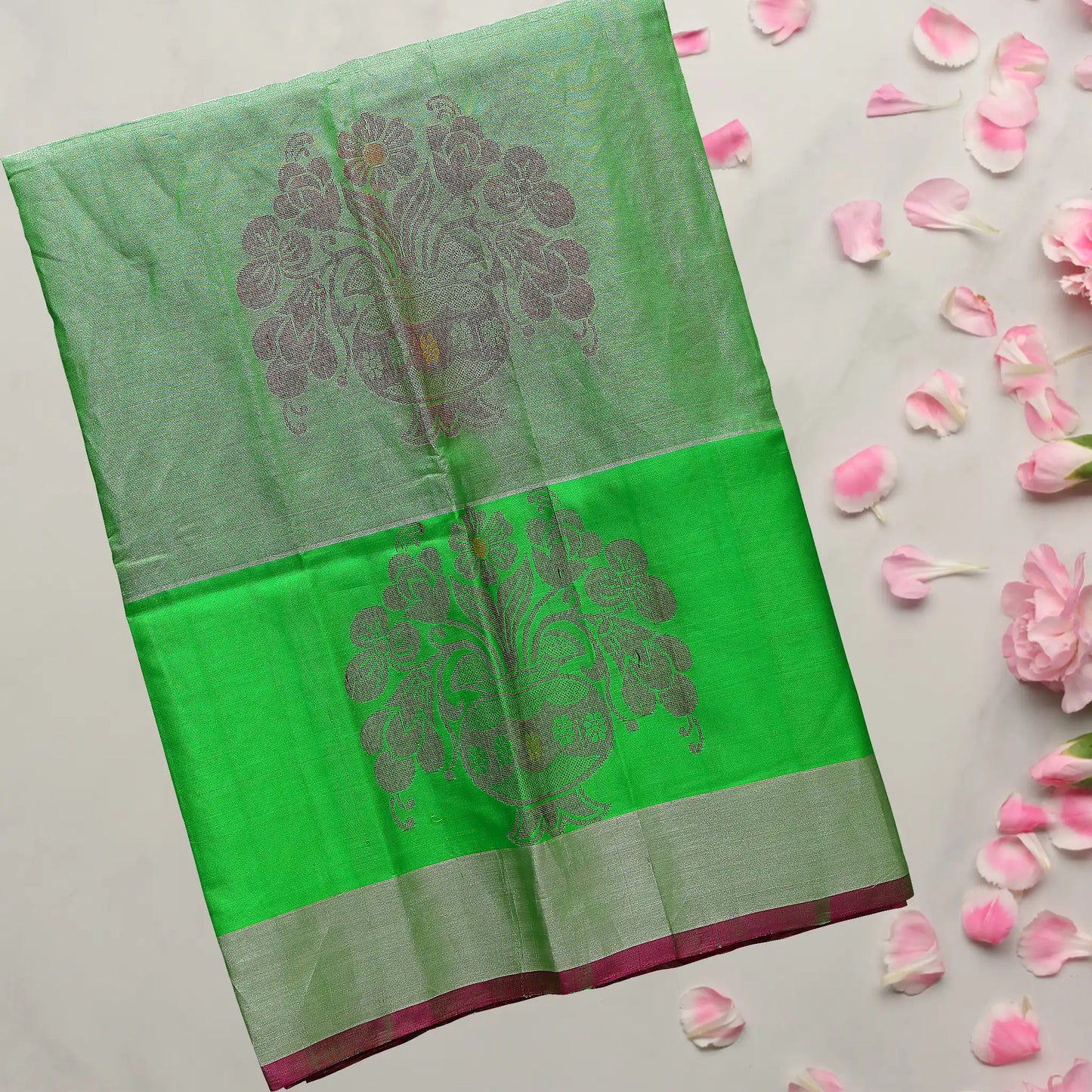 Green Handloom Pattu Saree With Red Border | Red Border