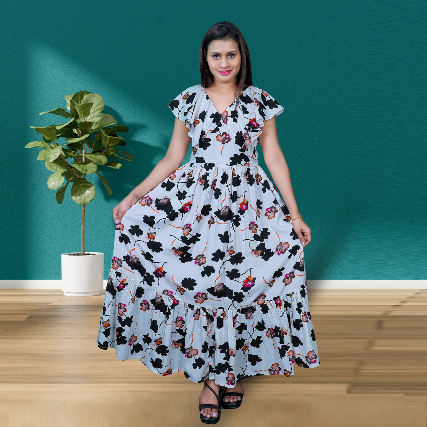 Women White & Black Floral Print Layered Flared Maxi Dress