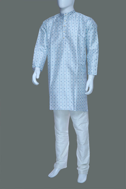 White Printed Men's Kurta | White Kurta Set