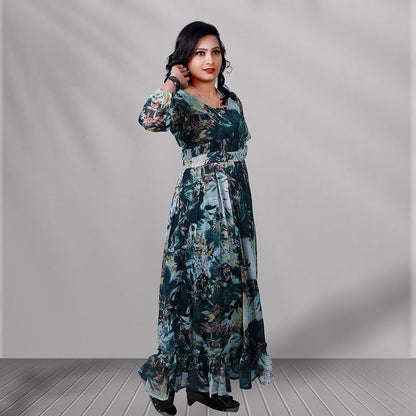Green floral printed western gown