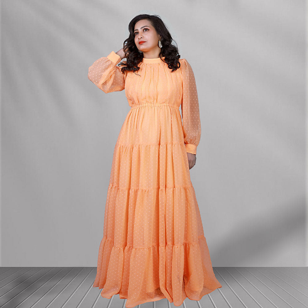 Orange Gathered Balloon Sleeves Maxi Gown | S3G1288