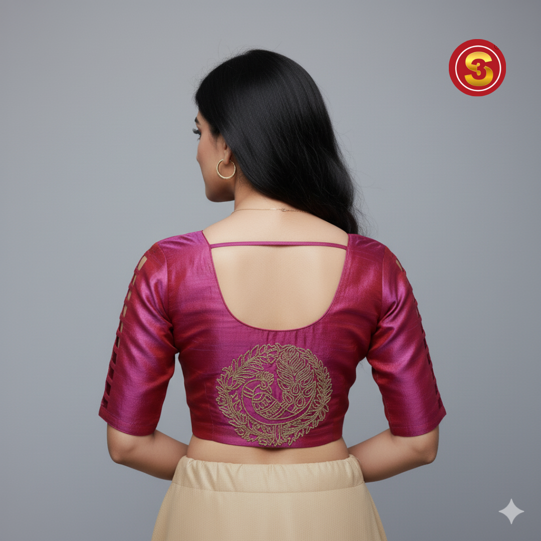 Pink Maggam Work with Sleeves open Designer Blouse | S3B1260