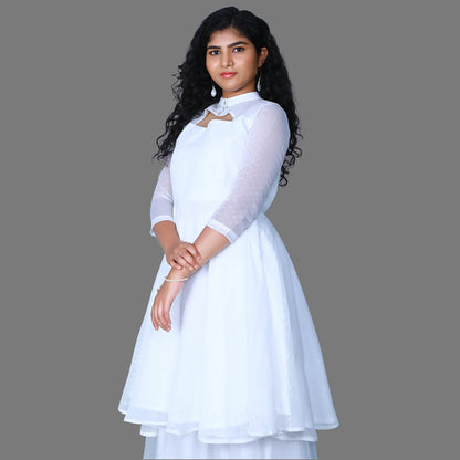 Women's White Chinese Collar Neck 3 layered Gown | S3G1057