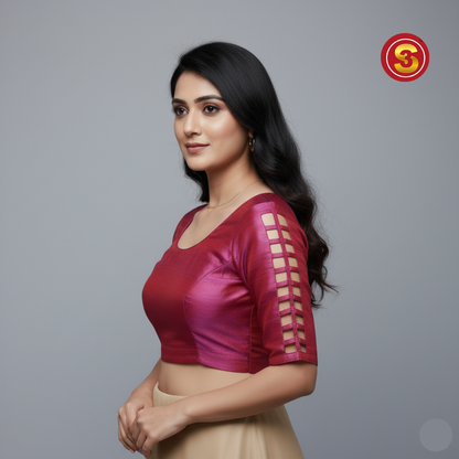 Pink Maggam Work with Sleeves open Designer Blouse | S3B1260