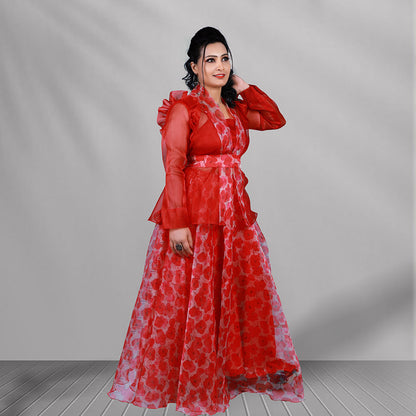 Red printed organza skirt & top with jacket |S3SST1079