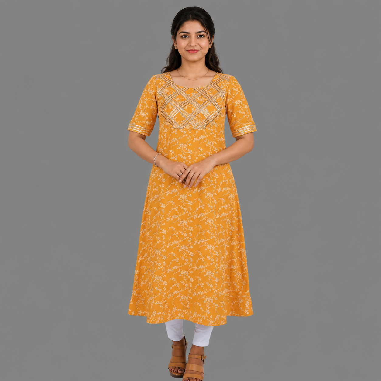 Women Floral Print A-line Kurta (yellow)/S3X173