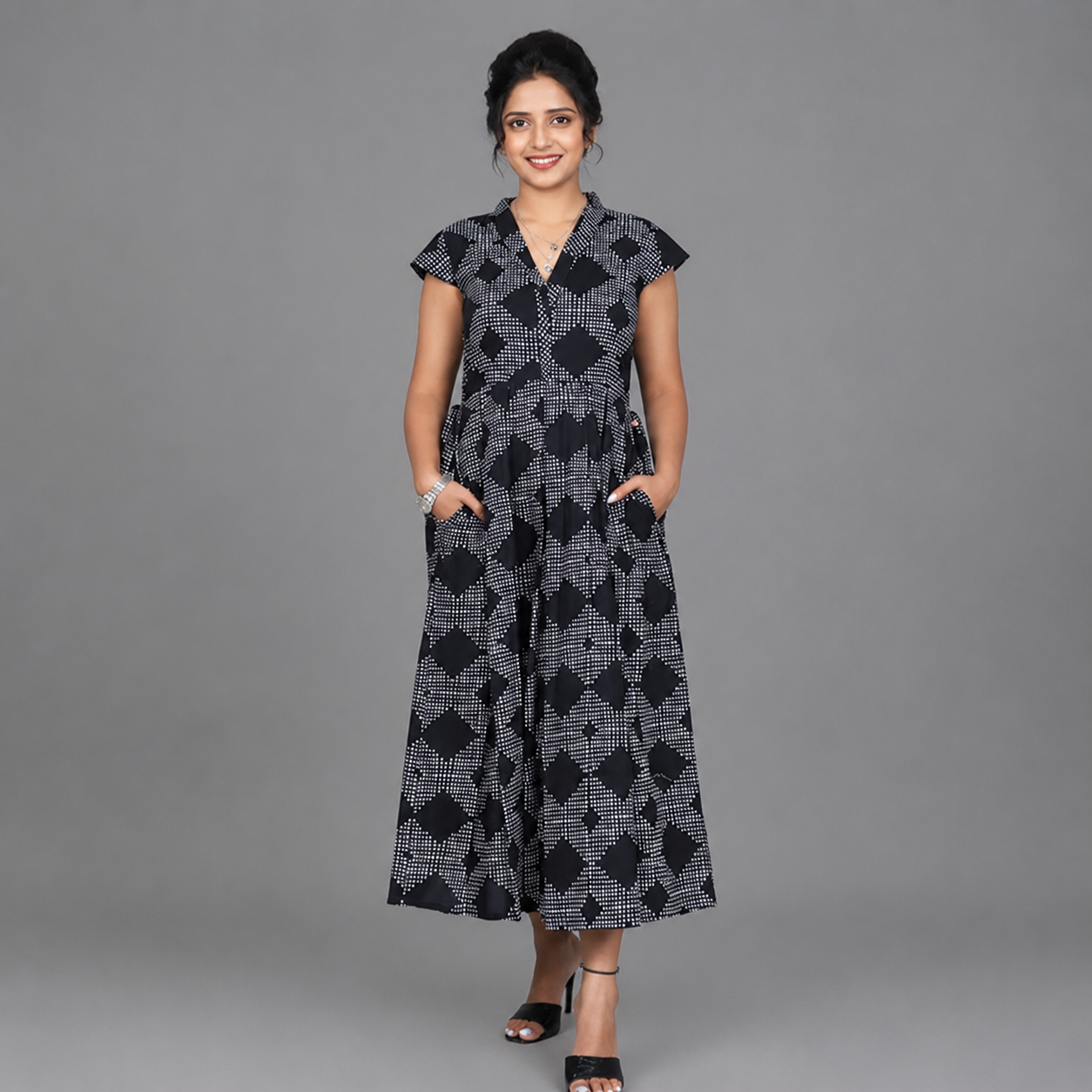 Polka Print Cotton Blend Flared/A-line Gown | S3G830