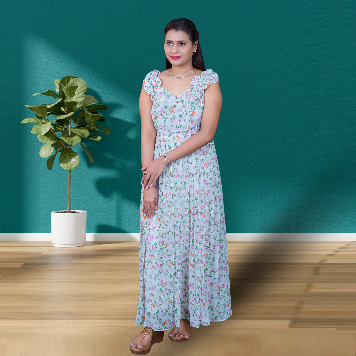 White Georgette Printed Maxi Dress