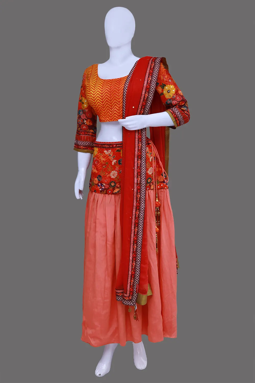 Floral Waves designed 3/4 sleeves blouse & Floral patch gathered Ethnic Lehanga - 3 Piece Set | S3BL1267