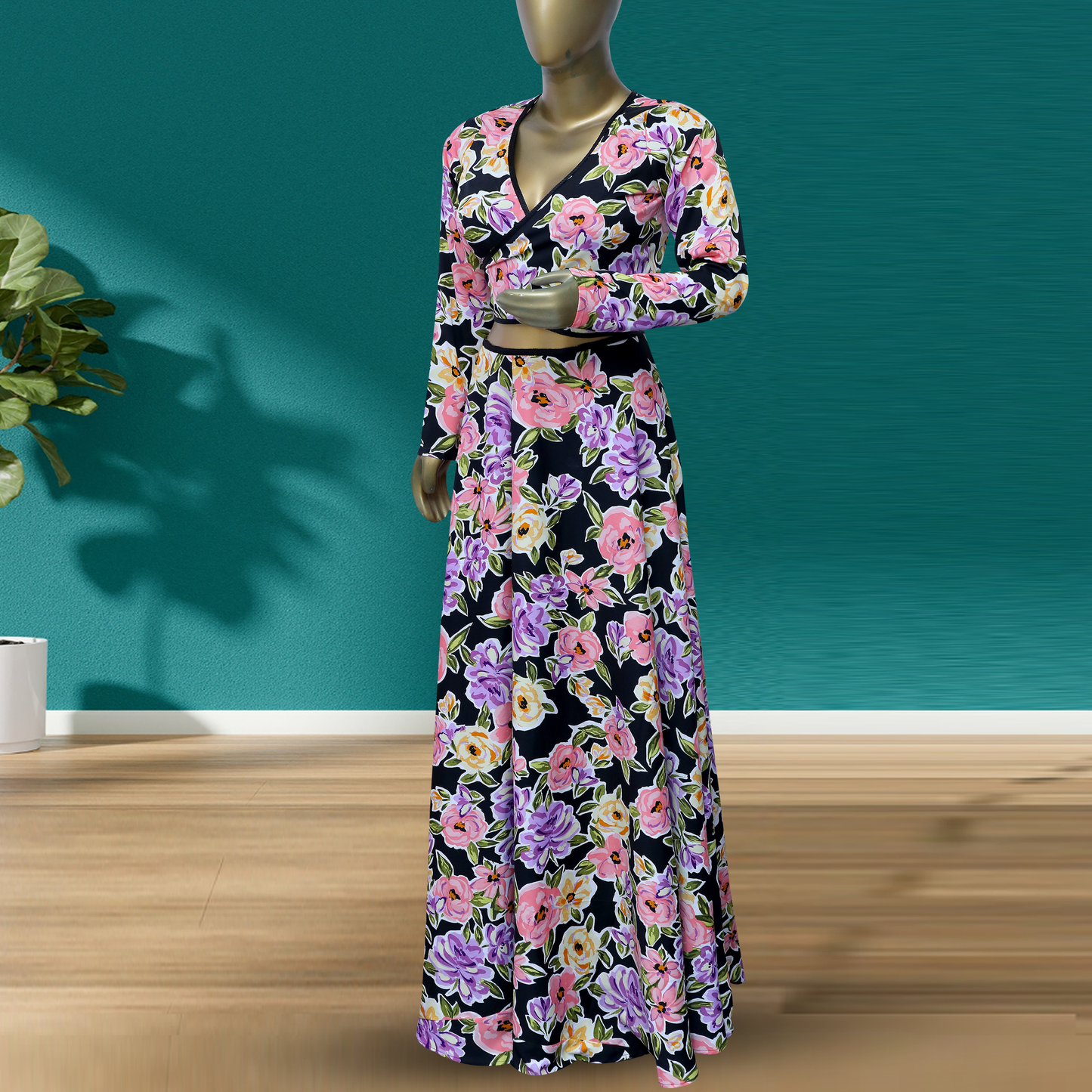 Long sleeves Conservative Dress, Flower Print Frill Dress
