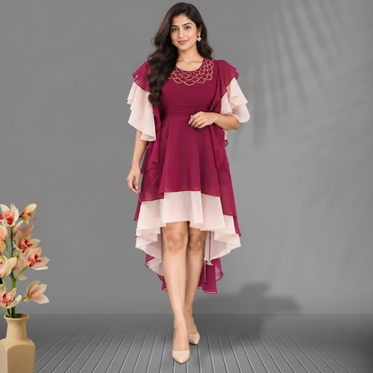 Biege&Maroon Panelled High Low One Piece Dress | Beige&Maroon