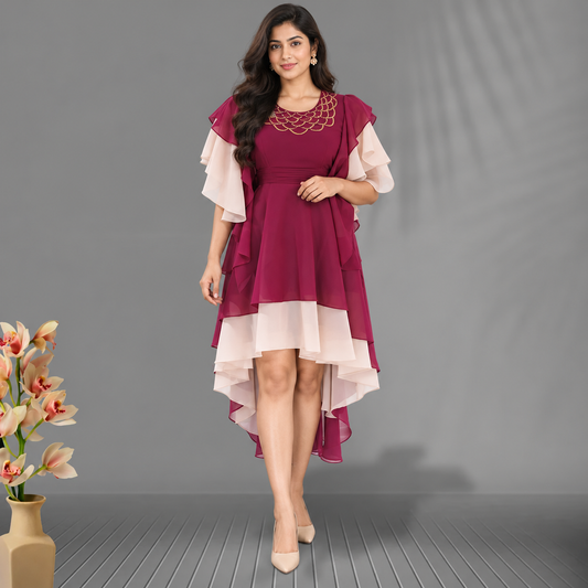 Biege&Maroon Panelled High Low One Piece Dress | Beige&Maroon