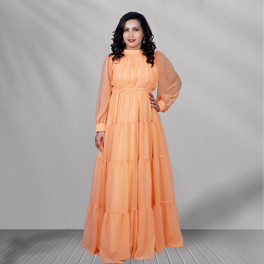Orange Gathered Balloon Sleeves Maxi Gown | S3G1288