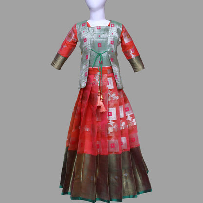 Rust Orange Pattu 3 Piece Set Dress For Girls | Pattu Pavadai
