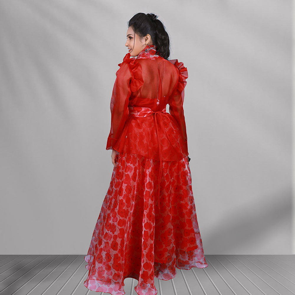 Red printed organza skirt & top with jacket |S3SST1079