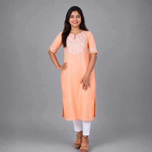 Women Printed Cotton Blend Straight Kurta (Orange) | S3X208