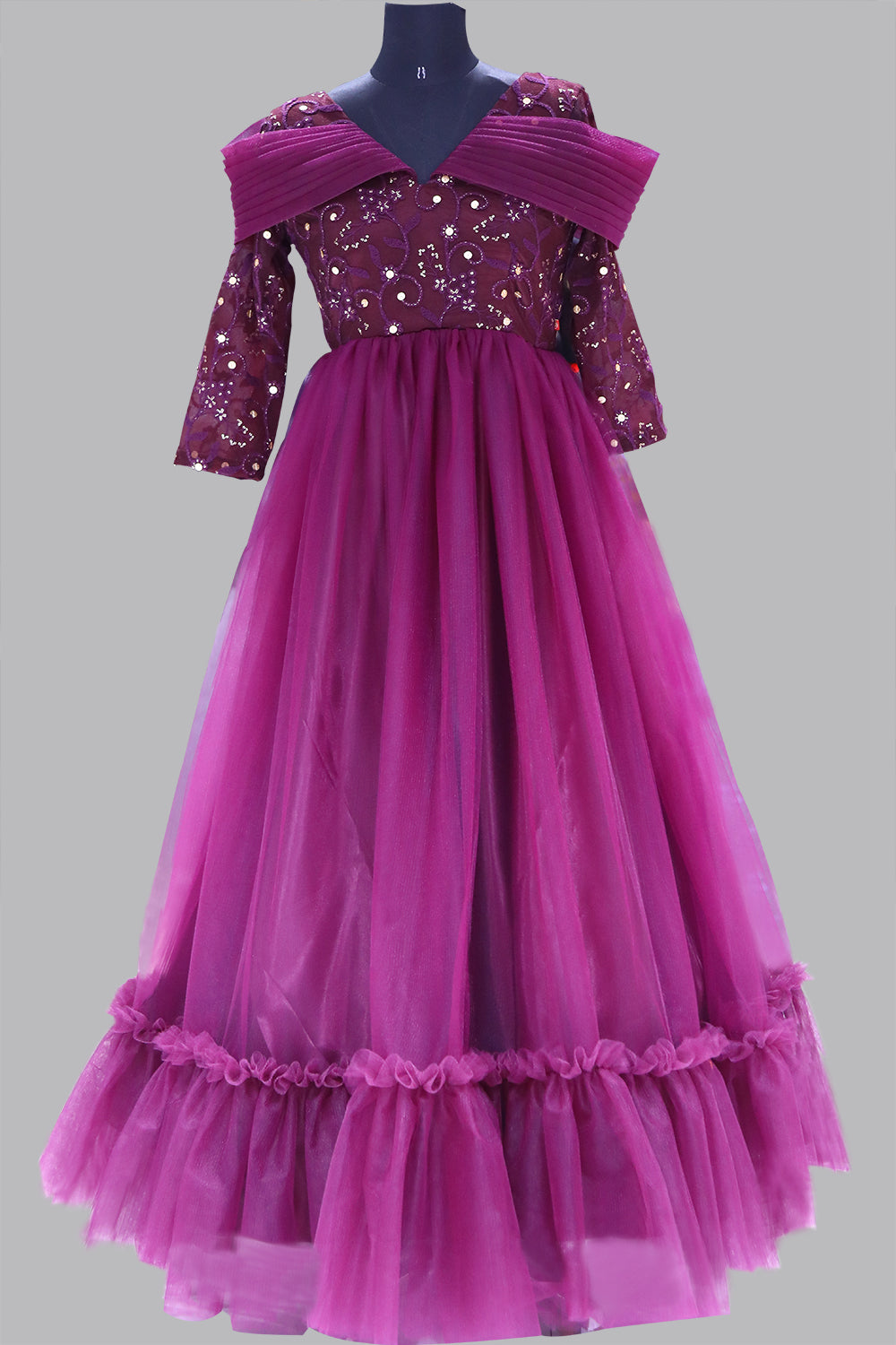 Women's Wine Netted Partywear Maxi Gown | Wine Netted Maxi